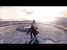 a man in a red cape is standing in a circle with a red circle in the middle