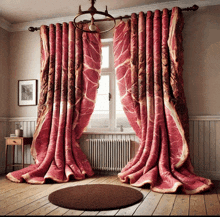 a room with a rug and curtains that are shaped like meat