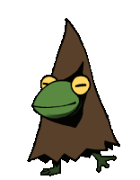 a frog with yellow eyes and a brown cape