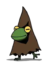 a frog with yellow eyes and a brown cape
