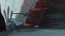 a cartoon drawing of a dinosaur flying over a mountain