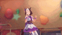a girl in a purple dress is dancing on a stage in front of balloons .