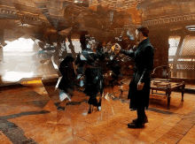 a man in a black coat is standing in a room with a lot of broken mirrors .