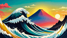 a painting of waves crashing against a mountain in the background