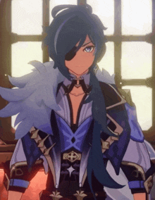 a blue haired anime character with an eye patch on his left eye