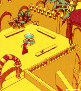 a cartoon drawing of a courtyard with a fountain and a man standing in front of it