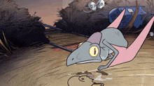 a cartoon drawing of a lizard with yellow eyes laying on the ground