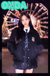 a girl in a school uniform is standing in front of a ferris wheel and the word onda is on the bottom