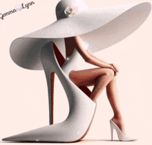 a woman wearing a large white hat sits on a white shoe
