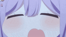 a close up of a cartoon character 's face with purple hair