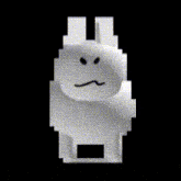 a hand is holding a white rabbit with a sad face