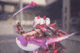 a cartoon character is riding a purple shark with a purple light coming out of it