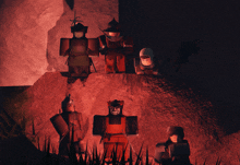 a group of roblox characters are standing on top of a rock