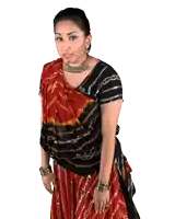 a woman in a red and black striped dress is making a funny face
