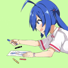 a girl with blue hair is drawing on a piece of paper while wearing a watch