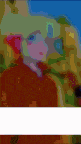 a colorful painting with a blue sky and a white border