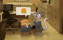 a cartoon of a hamster and a rat in an office with a hamburger in a speech bubble