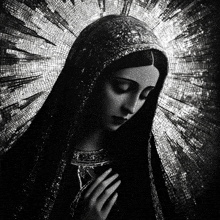 a black and white image of a woman with a veil on her head