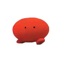 a red stuffed animal with black eyes and legs on a white background .