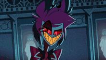 a cartoon character with purple hair and red eyes is pointing at something