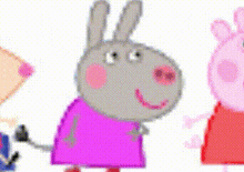 a cartoon drawing of a donkey , a pig , and a boy standing next to each other .