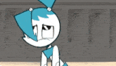 a cartoon character is sitting in front of a row of lockers with a sad look on her face .