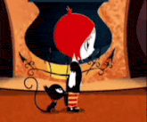 a cartoon girl with red hair is standing next to a black cat and a cauldron .