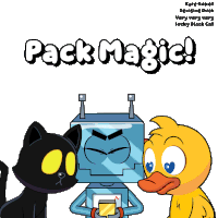 a black cat a robot and a duck are on the cover of a book titled pack magic