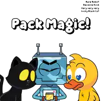 a black cat a robot and a duck are on the cover of a book titled pack magic