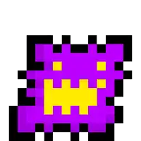 a pixel art drawing of a purple and yellow monster with yellow eyes and mouth .