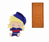 a stuffed toy with its eyes closed is next to a door