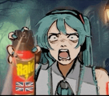 a cartoon of a girl holding a raid insect spray
