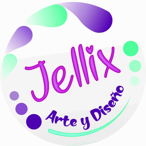 a logo for jellyx arte y diseno with purple and green dots