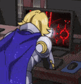a cartoon character is looking at a computer screen with red letters i and t on it