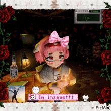 a picture of a girl with a pink bow and a bottle of jack daniels