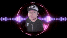 a man wearing a dc hat is surrounded by sound waves .