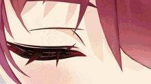 a close up of a person 's eye with a purple hair