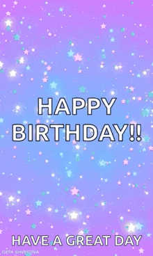 a happy birthday greeting card with stars on a purple background