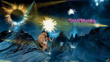 a couple standing on top of a mountain with fireworks in the background and the words good morning in red