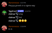 a screenshot of a text message between aaronnezzz and clairuo