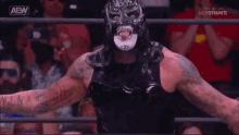 a wrestler in a mask is standing in a wrestling ring with his arms outstretched .