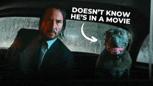 a man and a dog in a car with a caption that says " doesn 't know he 's in a movie