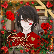 a picture of a boy with red roses and the words good night on it
