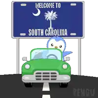 a welcome to south carolina sign with a penguin driving a green car