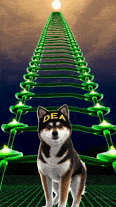 a dog wearing a hat that says dea stands in front of a green staircase