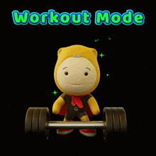 a cartoon character is holding a barbell with the words workout mode written above him
