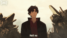 a cartoon of a man saying hell no in front of a pile of rubble