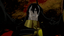a cartoon of a man with long black hair and a yellow glove