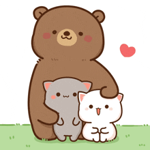 a bear and two cats are hugging each other and a heart is in the background