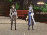 two anime characters standing next to each other in front of a couch